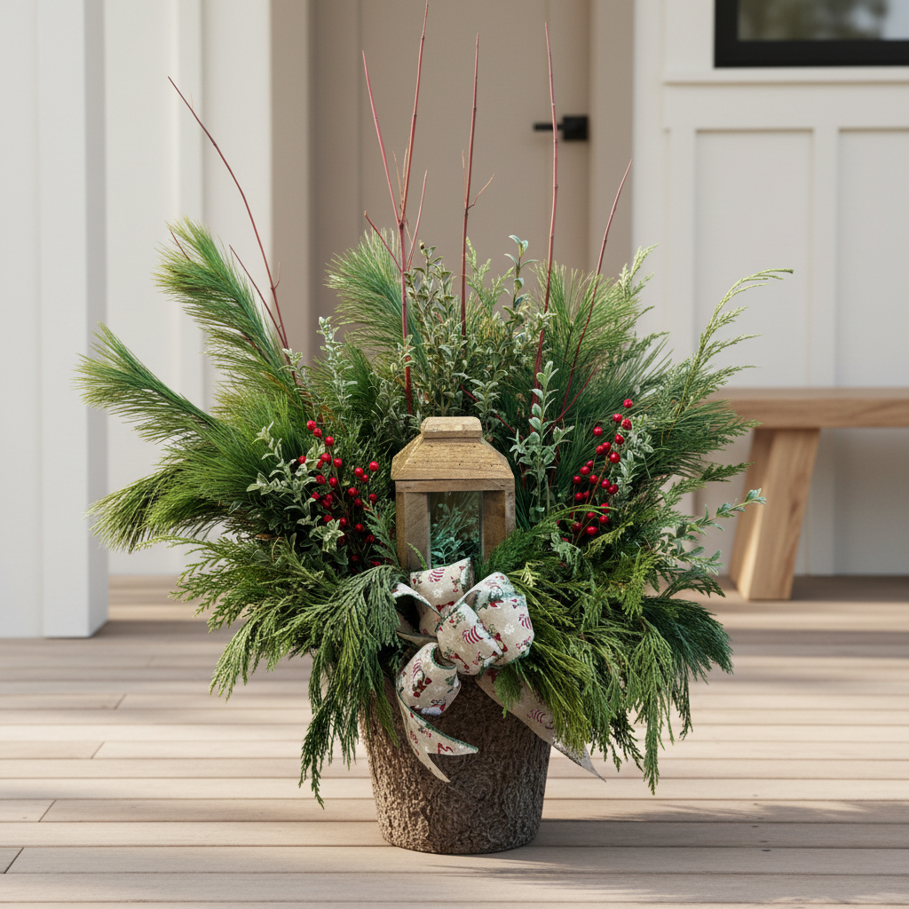 Decorative Christmas arrangement with greenery, berries, and a lantern on a white background